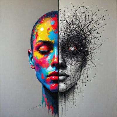 The primary subject of the image is a woman with a colorful, abstract face. The setting is a gray background, and the visual style is a combination of digital art and illustration. The woman's face is painted with a mix of red, blue, and yellow colors, creating a vibrant and artistic appearance. The overall atmosphere of the image is creative and visually striking.